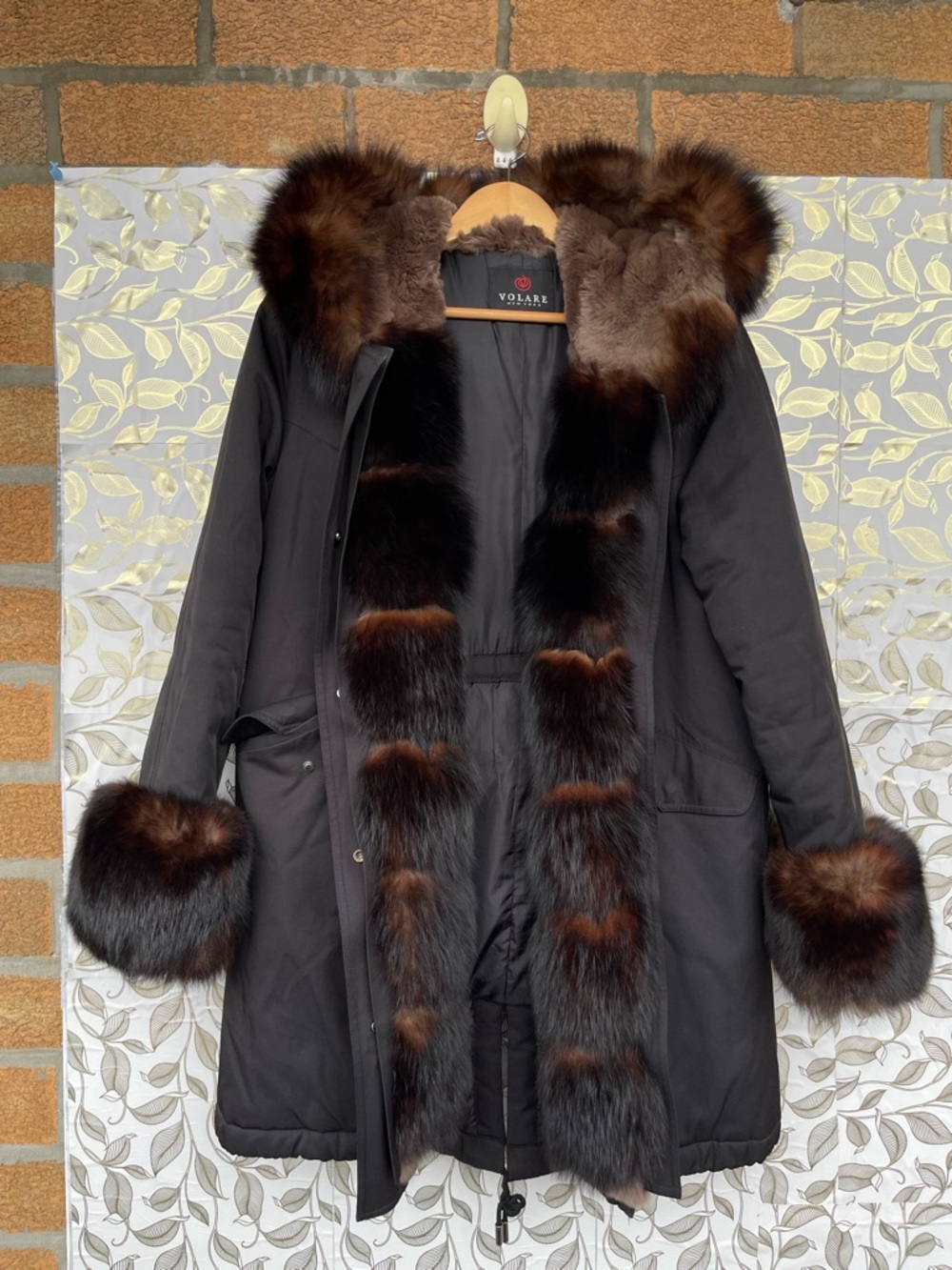 Volare New York Genuine Fox Fur Trim Parka Jacket Black Hooded Coat Medium